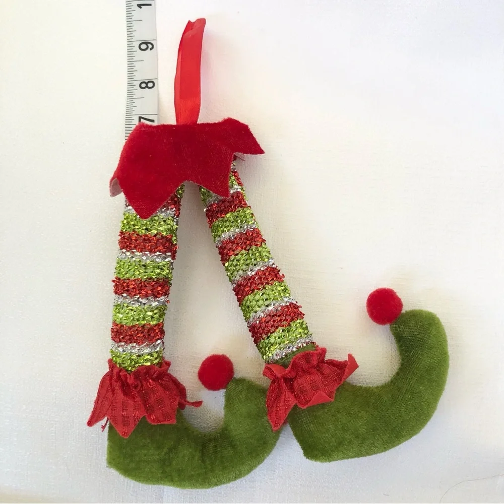 Festive Pixie Elf Legs shoes Christmas Ornament - Red & Green sparkle Grinch